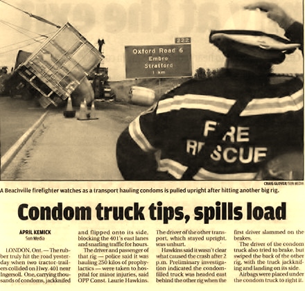 Condom truck tips, spills load
